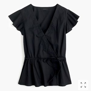 Black Flutter-sleeve wrap top in cotton poplin